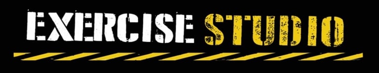 Exercise Studio logo with white and gold text on black background with diagonal accent line