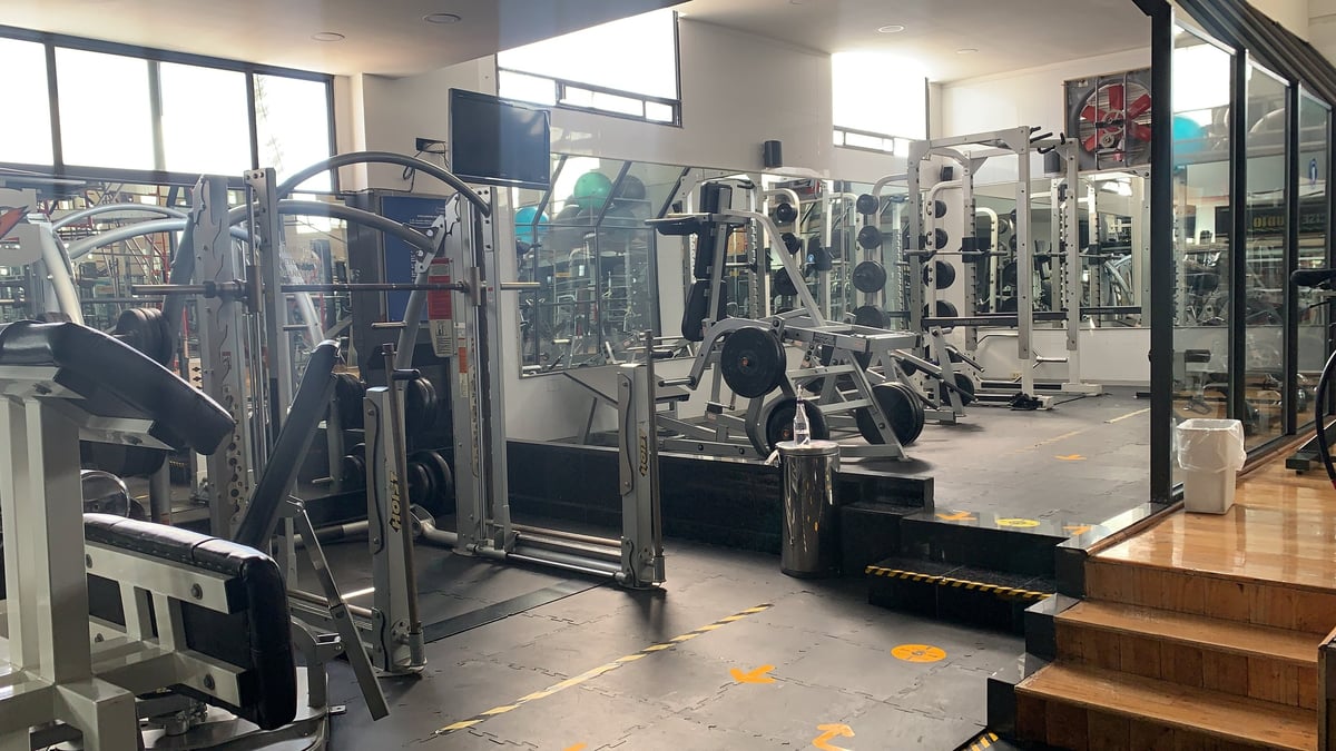 Modern gym interior with exercise machines, weight equipment, and large windows providing natural light to the fitness facility