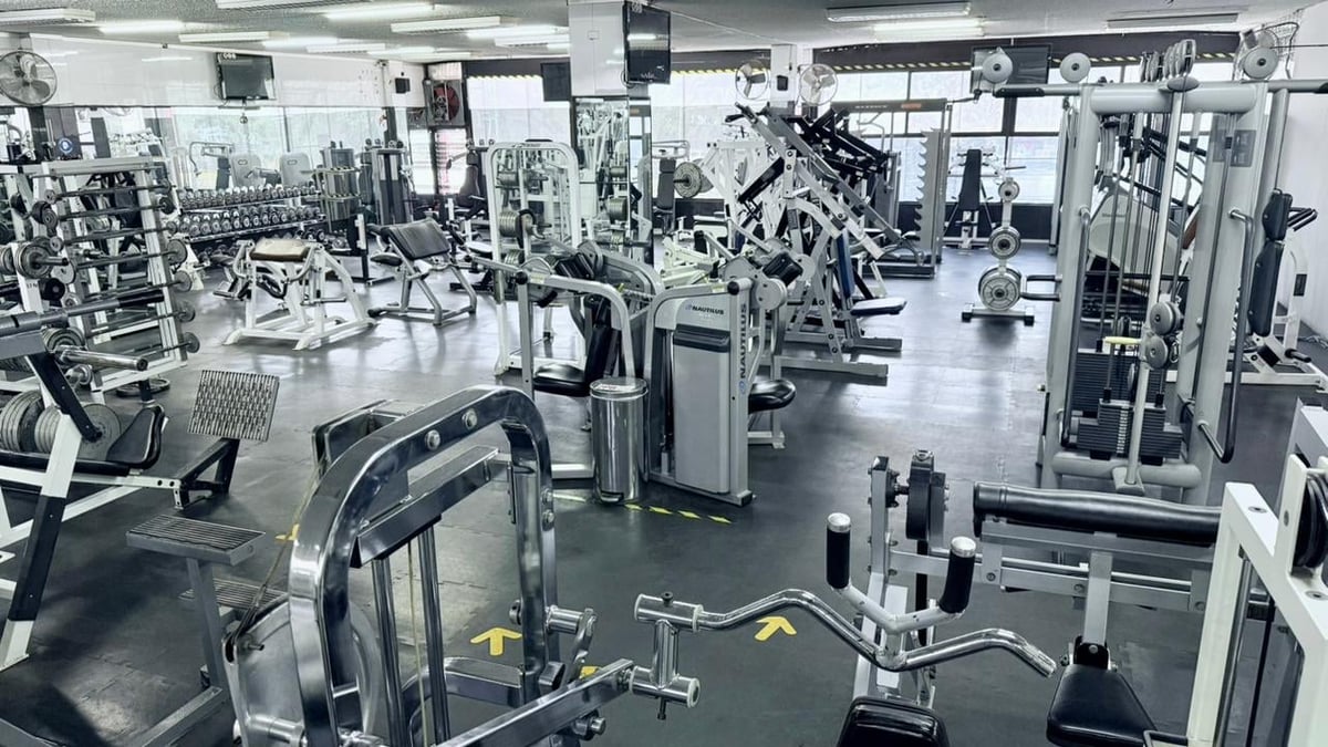 Modern gym interior with various exercise machines, weights, and equipment arranged throughout the spacious facility